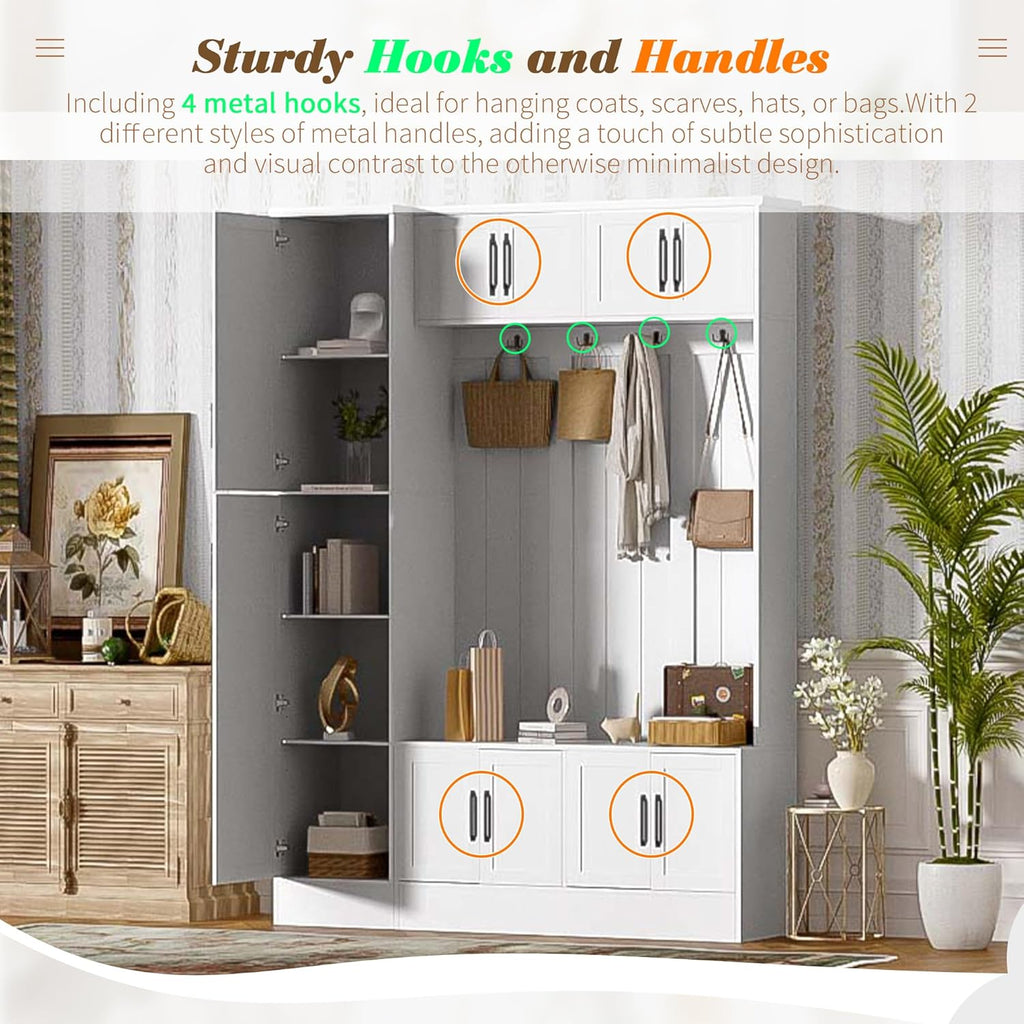 79'' Tall Hall Tree with Shoe Storage and Bench, 4-in-1 Mudroom Storage Organizer Coat Rack with 6 Cabinets, 4 Coat Hooks & Adjustable Shelf for Hallway, Entryway, Living Room, White