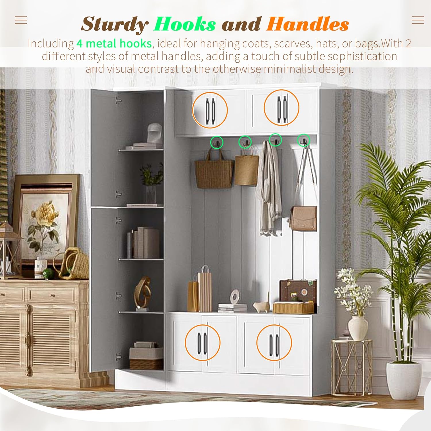 79'' Tall Hall Tree with Shoe Storage and Bench, 4-in-1 Mudroom Storage Organizer Coat Rack with 6 Cabinets, 4 Coat Hooks & Adjustable Shelf for Hallway, Entryway, Living Room, White