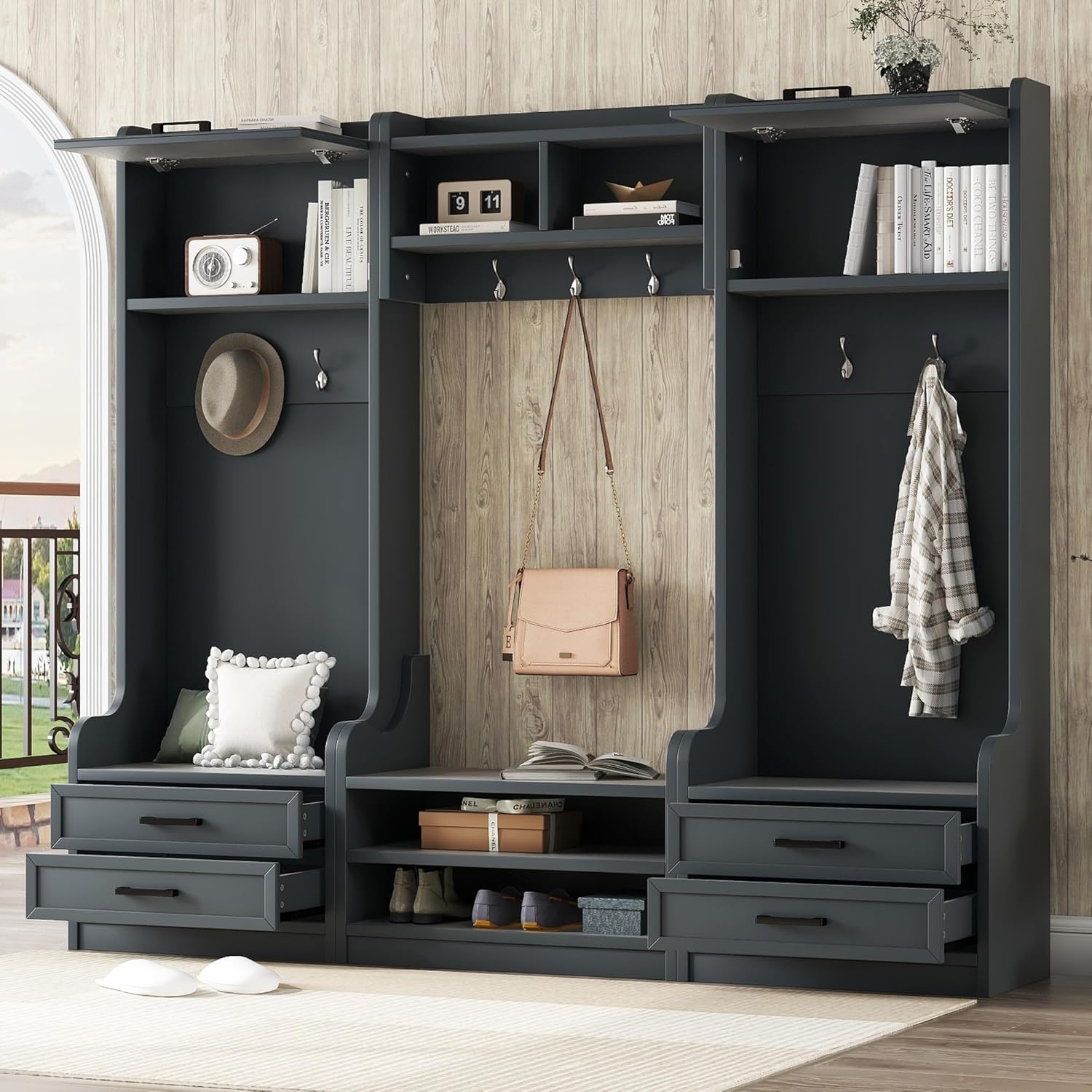 Wide Hall Tree with Storage Bench, Wood Coat Rack with Cabinet and 7 Hooks, Mudroom Organizer with Shoes Storage Cubbies for Entryway Hallway, Beige