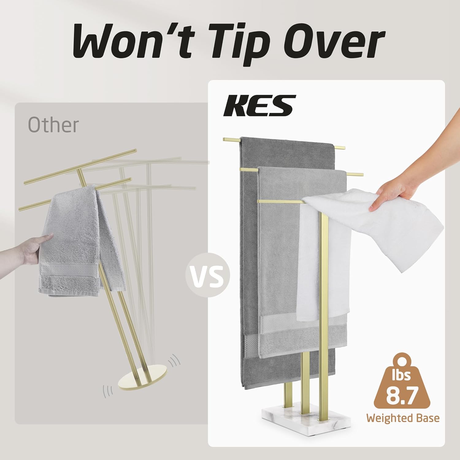 KES Standing Towel Rack 3-Tier with Marble Base, Brushed Gold Towel Rack Stand for Bathroom Floor, Fits Large Bath Towel & Hand Towel, 18/8 Stainless Steel, BTH217S3-BZ