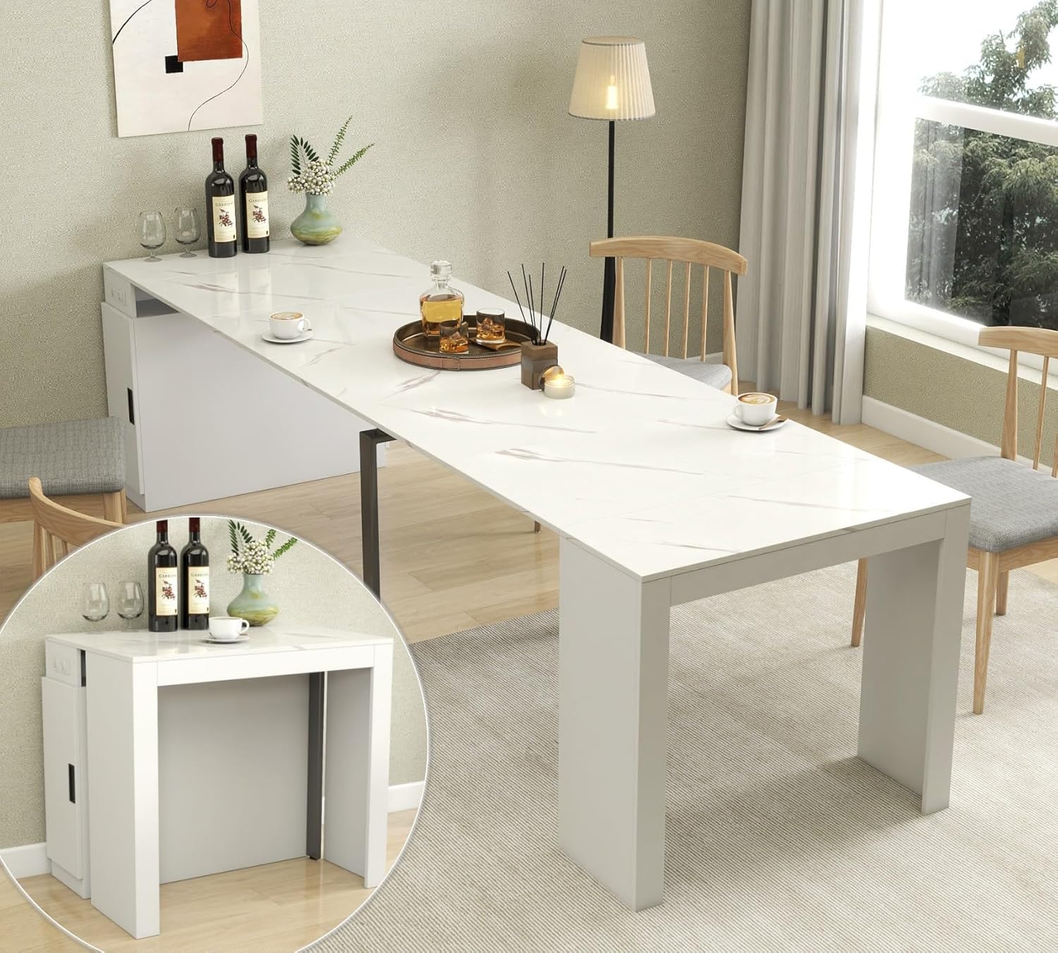 KEIKI 23.62”-118”L Extendable Foldable Dining Room Table with Storage Cabinet & Outlet, 1-10 People Wood Modern Rectangle Expandable Furniture for Kitchen Living Meeting Room, 6 Length Options