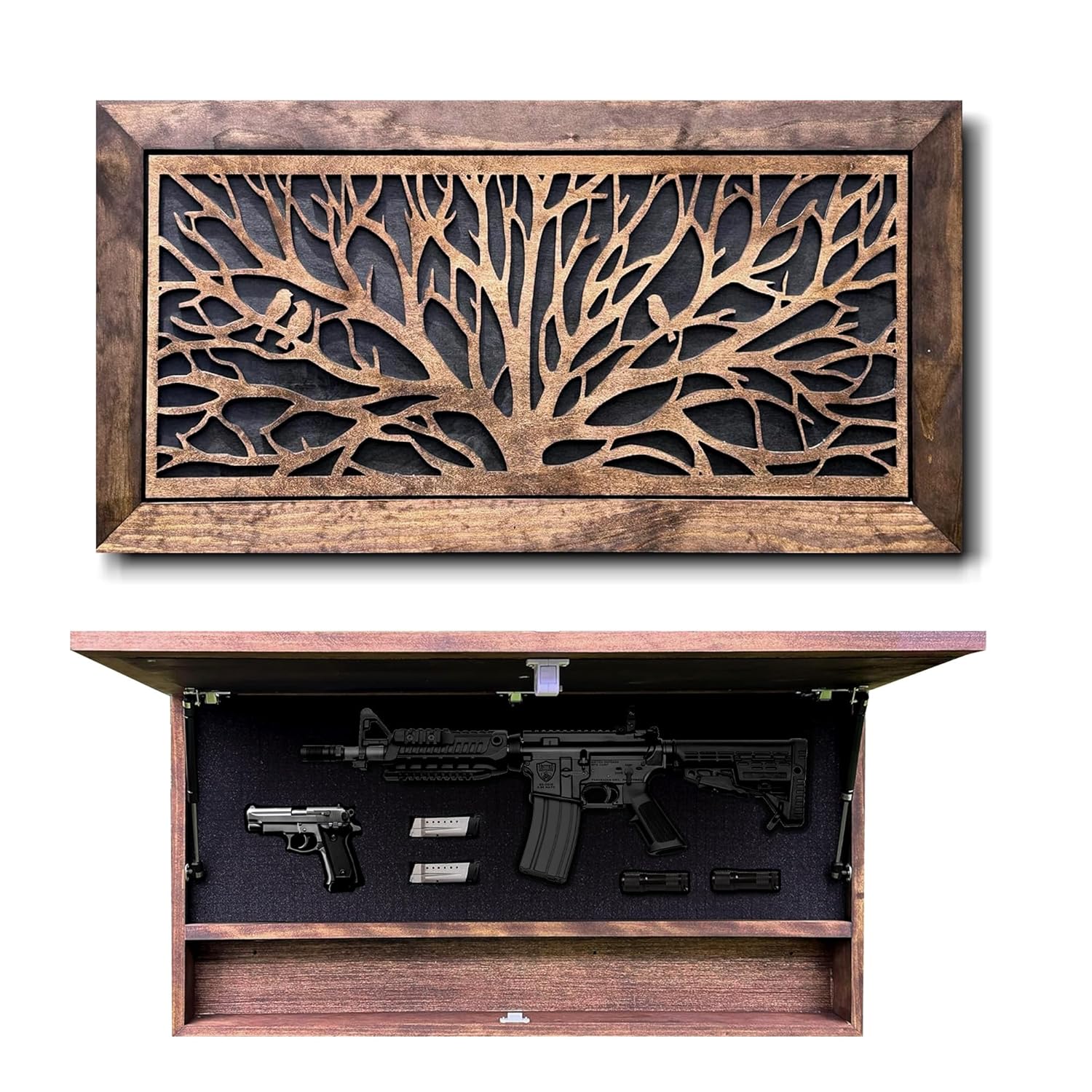 Birds In a Tree Coat Rack Hidden Safe - Hidden Gun Storage Wall Decor with Hooks to Hang Coats, Bags, & Hats - Concealment Furniture with Magnetic Lock for Quick Access by Bellewood Designs (Large)