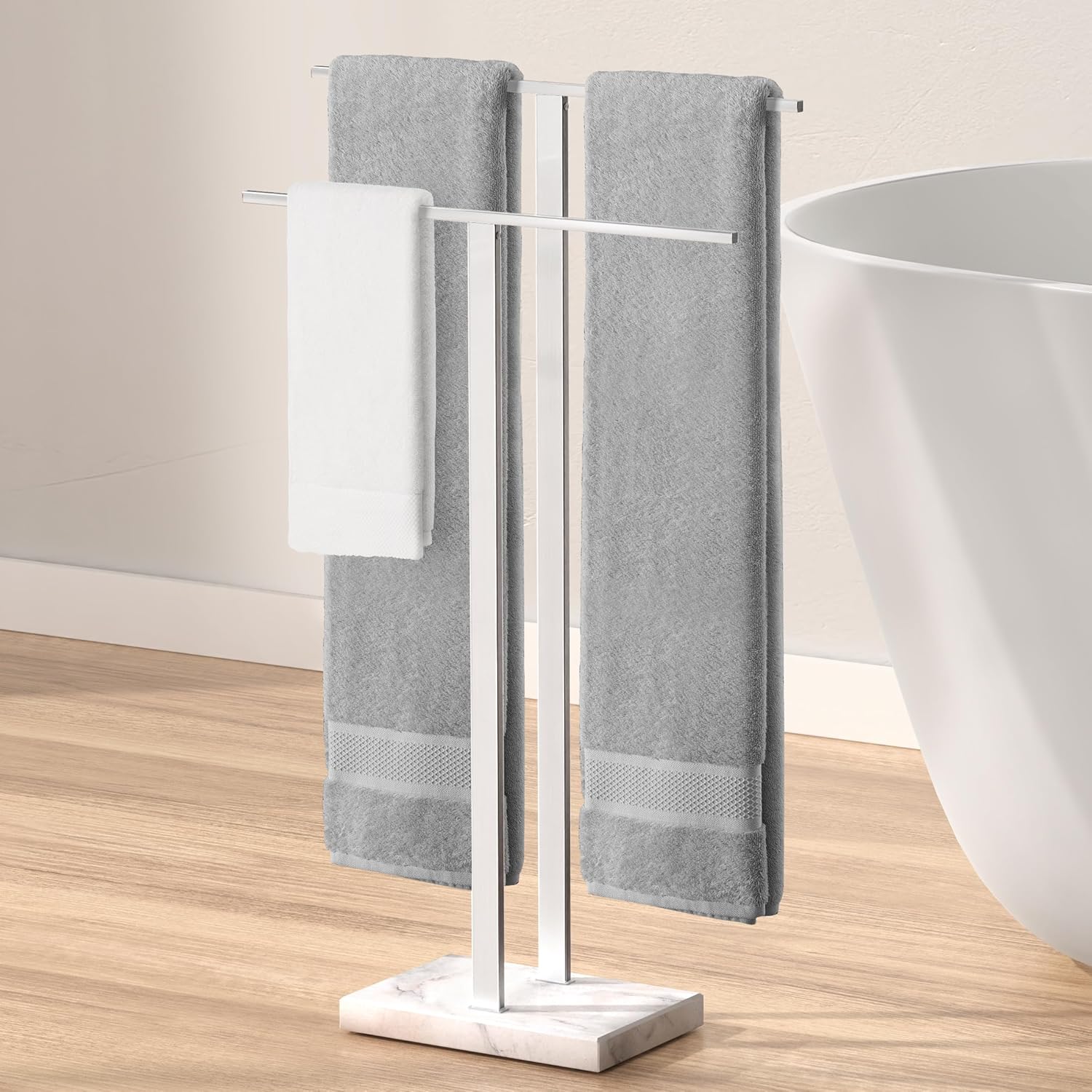 KES Standing Towel Rack with Marble Base, 2-Tier Towel Stand for Bathroom Floor, Upgrade Steady Design, T-Shaped Towel Drying Rack Gold, SUS304 Stainless Steel, Brushed Gold Finish, BTH217-BZ