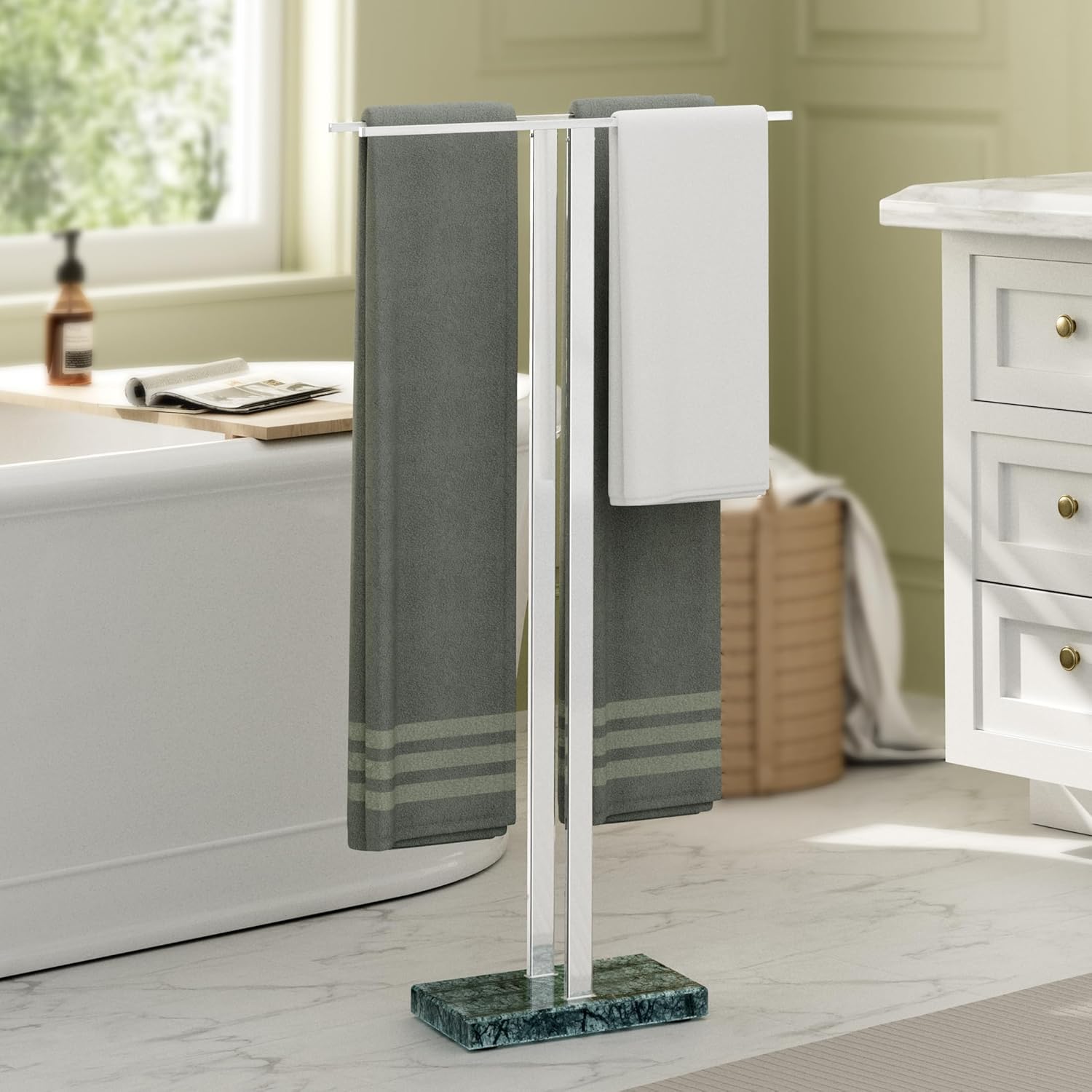 KES Standing Towel Rack with Marble Base, 2-Tier Towel Stand for Bathroom Floor, Upgrade Steady Design, T-Shaped Towel Drying Rack Gold, SUS304 Stainless Steel, Brushed Gold Finish, BTH217-BZ