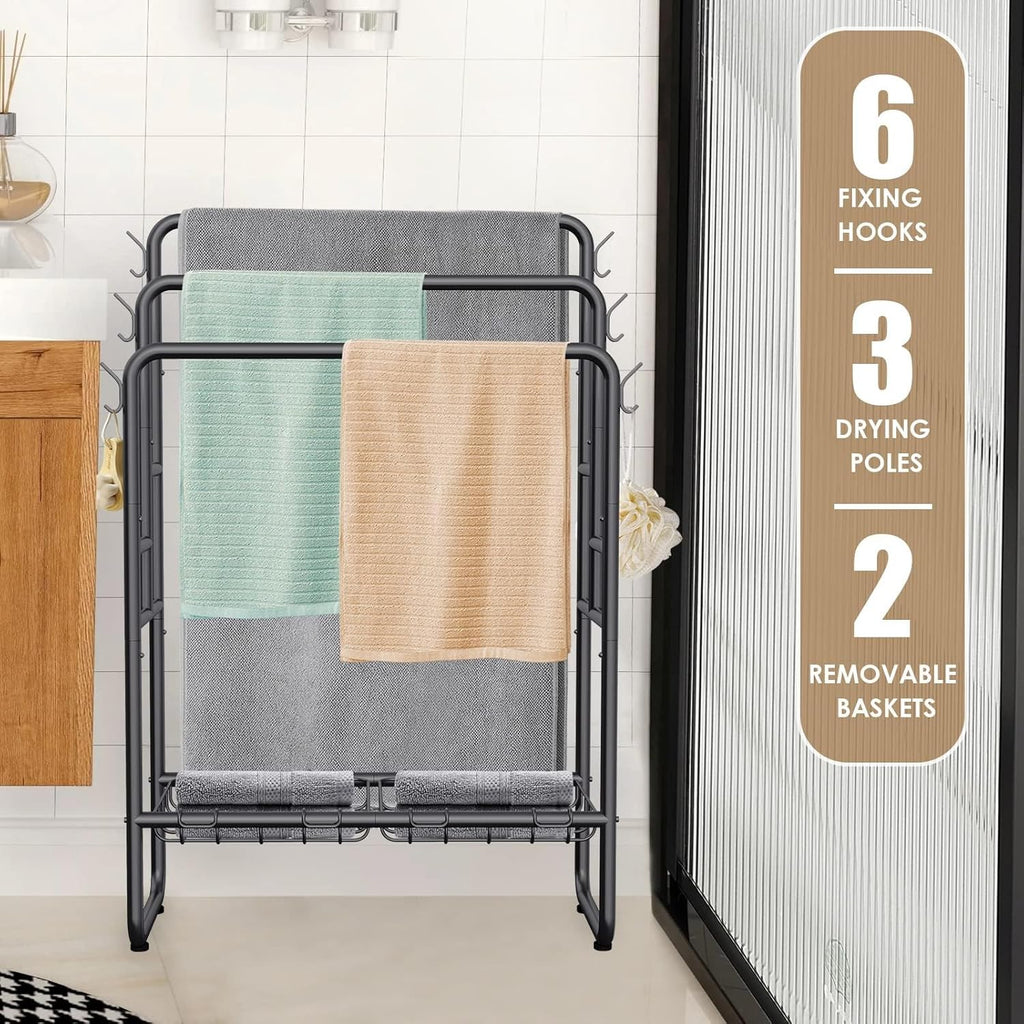 Kayfia 40" Tall Standing Towel Racks, 3 Tier Towel Stand Blanket Rack with 2 Removable Storage Baskets & 6 Hooks, Indoor Outdoor Freestanding Towel Racks for Bathroom Bedroom Organizer
