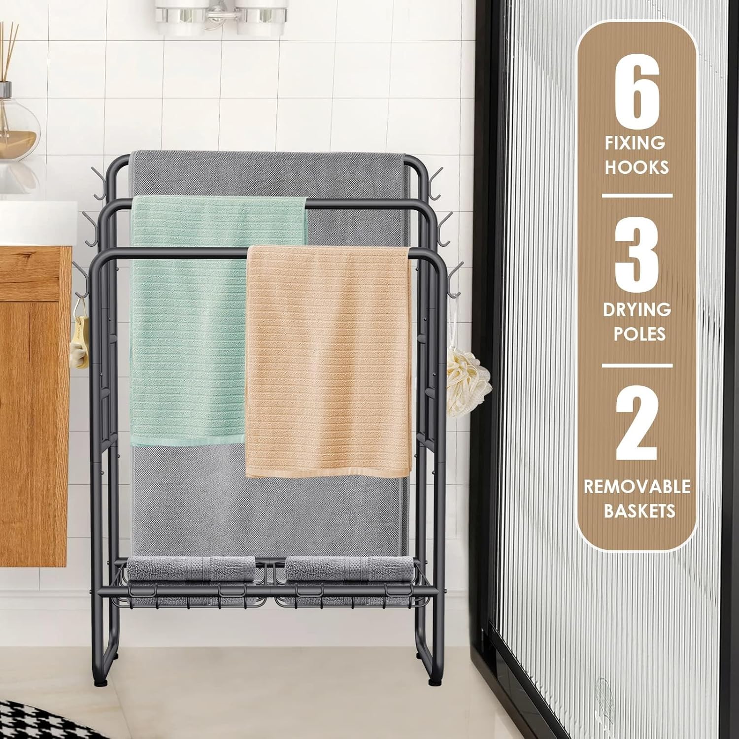 Kayfia 40" Tall Standing Towel Racks, 3 Tier Towel Stand Blanket Rack with 2 Removable Storage Baskets & 6 Hooks, Indoor Outdoor Freestanding Towel Racks for Bathroom Bedroom Organizer