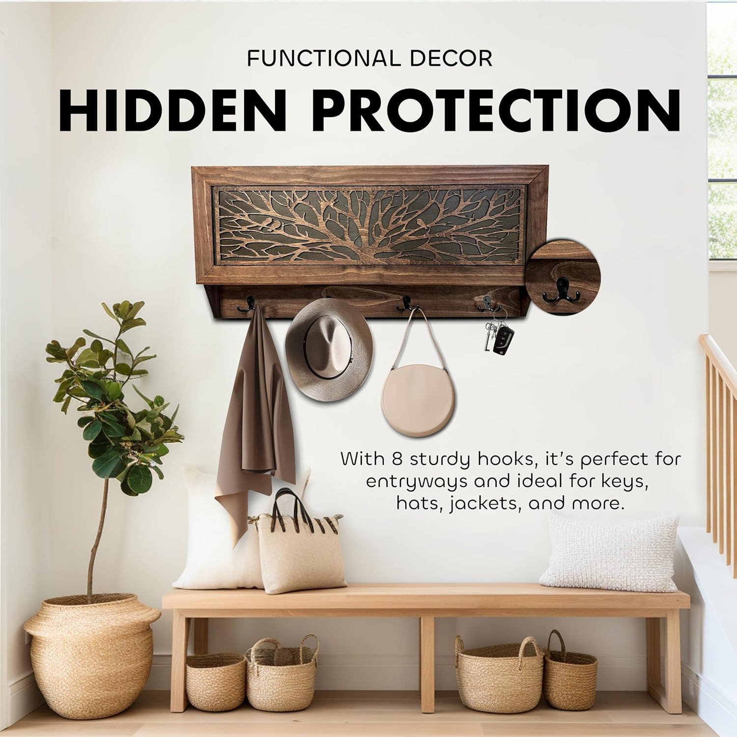 Birds In a Tree Coat Rack Hidden Safe - Hidden Gun Storage Wall Decor with Hooks to Hang Coats, Bags, & Hats - Concealment Furniture with Magnetic Lock for Quick Access by Bellewood Designs (Large)