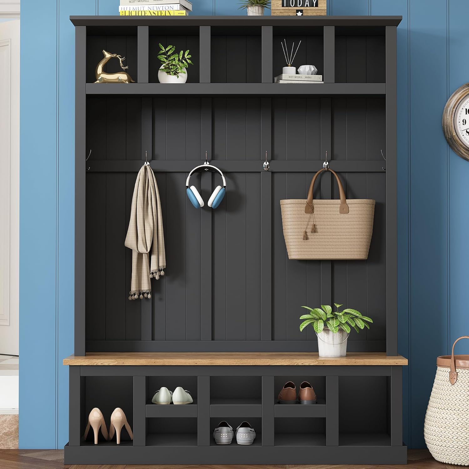 Merax Wood Hall Tree Entryway Bench with Storage Cabinet, 6 Hooks Coat Racks for Entrance, Hallway White