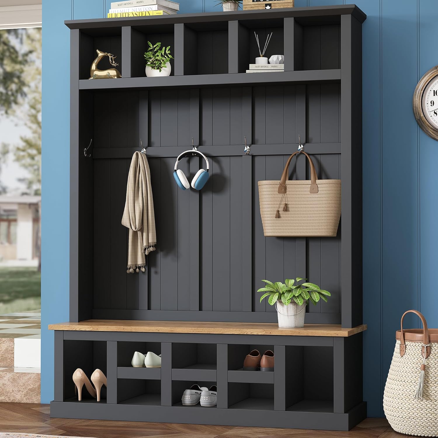 Merax Wood Farmhouse Hall Tree with Storage Entryway Bench, 3-in-1 Coat Racks with 6 Hooks &Shelves for Entrance, Hallway, Mudroom,White