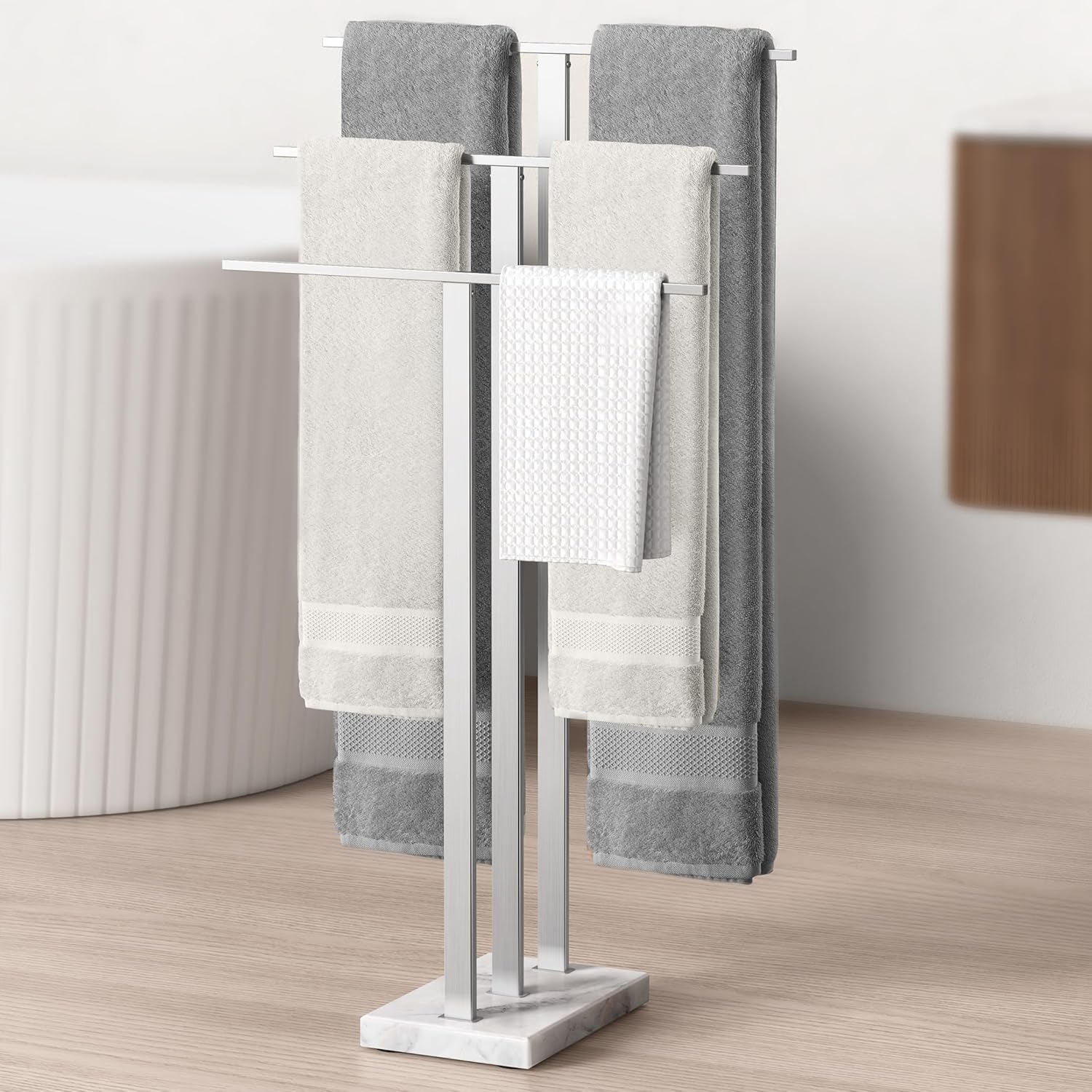 KES Standing Towel Rack 3-Tier with Marble Base, Brushed Gold Towel Rack Stand for Bathroom Floor, Fits Large Bath Towel & Hand Towel, 18/8 Stainless Steel, BTH217S3-BZ