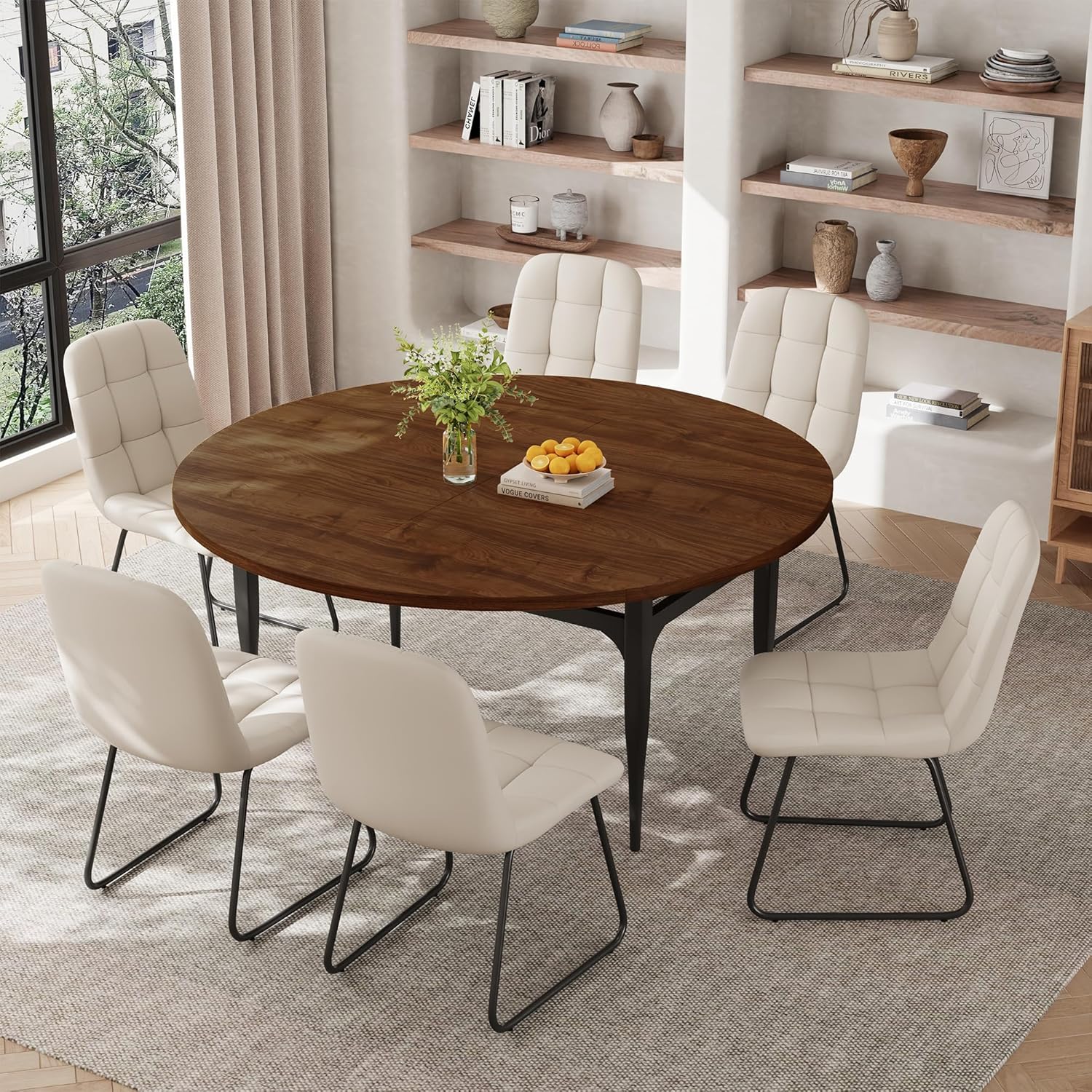 Expandable Folding Dining Table Set, 55-Inch Round to Square Table with 6 Upholstered Chairs, Metal Frame, for Dining Room or Apartment (Round Table + 6 Brown Chairs)
