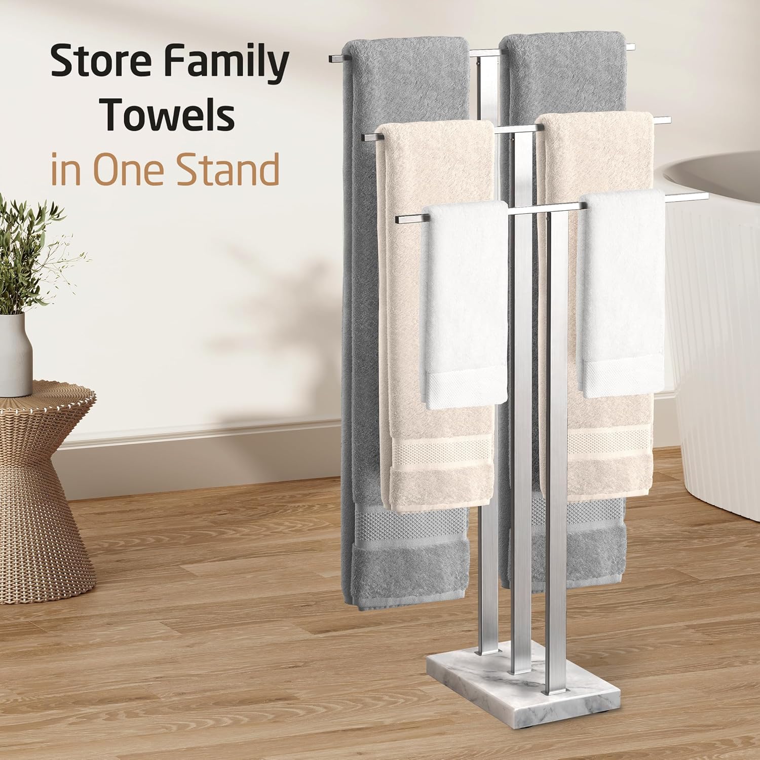 KES Standing Towel Rack 3-Tier with Heavy Marble Base, Free Standing Towel Racks for Bathroom Floor, SUS304 Stainless Steel Brushed Finish, BTH217S3-2