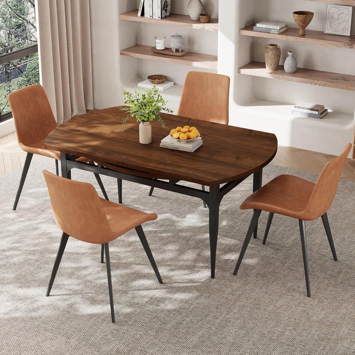 Expandable Folding Dining Table Set, 55-Inch Round to Square Table with 6 Upholstered Chairs, Metal Frame, for Dining Room or Apartment (Round Table + 6 Brown Chairs)