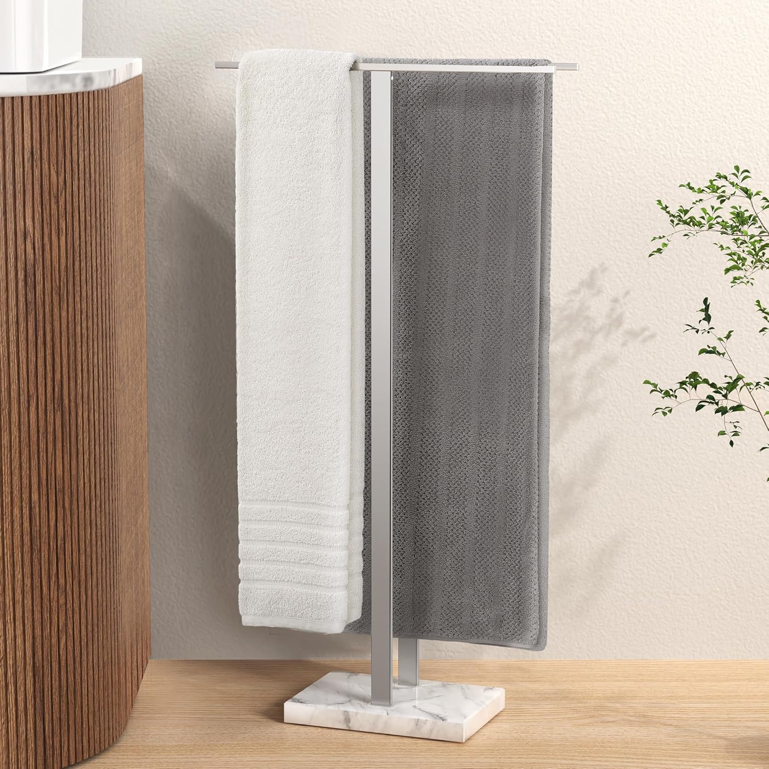 KES Standing Towel Rack with Marble Base, 2-Tier Towel Stand for Bathroom Floor, Upgrade Steady Design, T-Shaped Towel Drying Rack Gold, SUS304 Stainless Steel, Brushed Gold Finish, BTH217-BZ