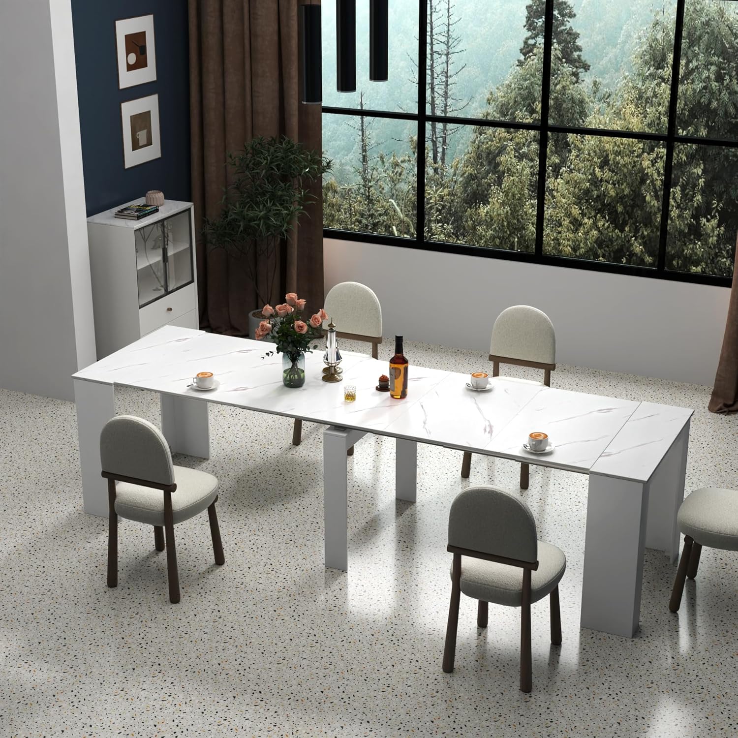 KEIKI 20”-118.5”L Extendable Foldable Dining Room Table for 1-10 People, Wood Modern Rustic Rectangle Expandable Kitchen Living Meeting Room Furniture, 6 Tabletop Length Options, Marble White