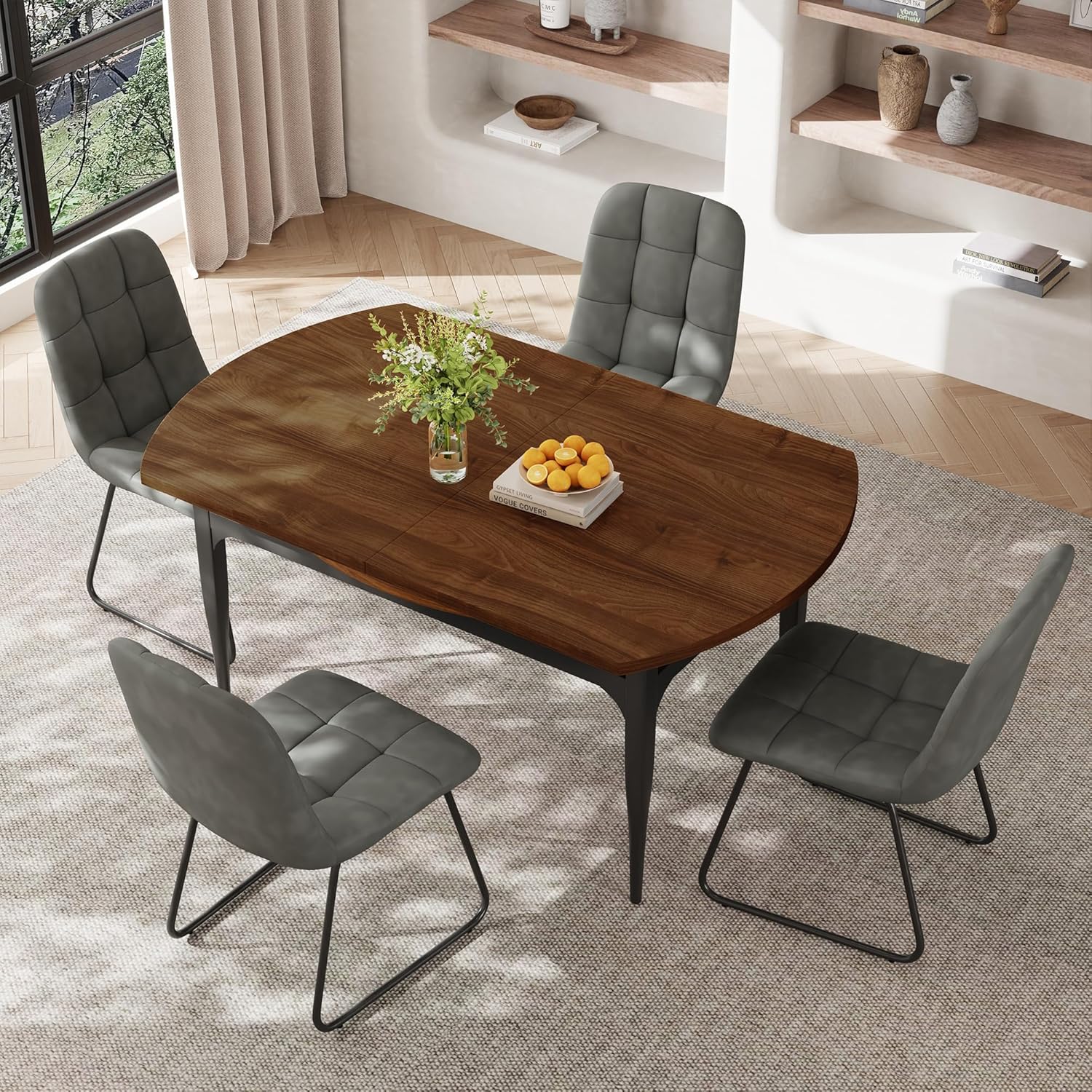 Expandable Folding Dining Table Set, 55-Inch Round to Square Table with 6 Upholstered Chairs, Metal Frame, for Dining Room or Apartment (Round Table + 6 Brown Chairs)