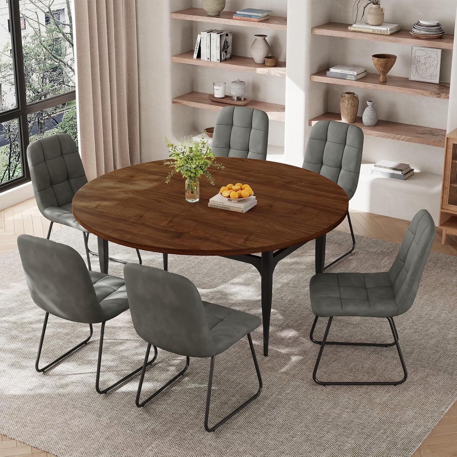Expandable Folding Dining Table Set, 55-Inch Round to Square Table with 6 Upholstered Chairs, Metal Frame, for Dining Room or Apartment (Round Table + 6 Brown Chairs)