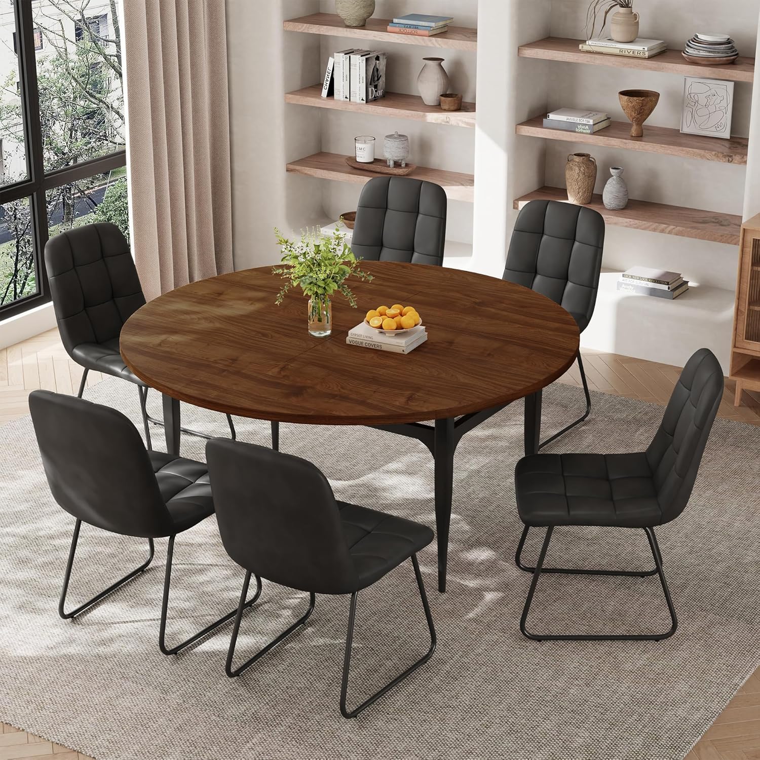 Expandable Folding Dining Table Set, 55-Inch Round to Square Table with 6 Upholstered Chairs, Metal Frame, for Dining Room or Apartment (Round Table + 6 Brown Chairs)