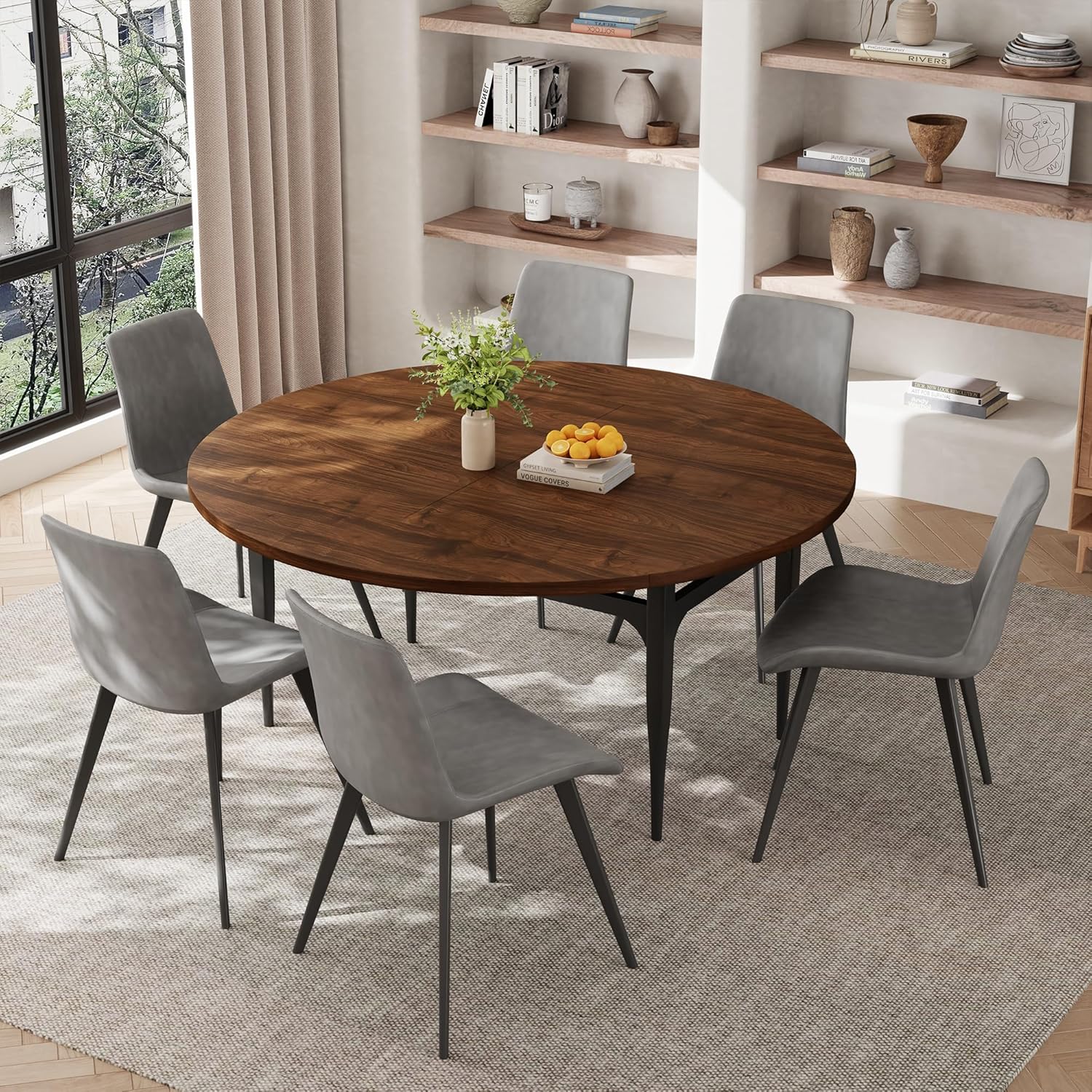 Expandable Folding Dining Table Set, 55-Inch Round to Square Table with 6 Upholstered Chairs, Metal Frame, for Dining Room or Apartment (Round Table + 6 Brown Chairs)