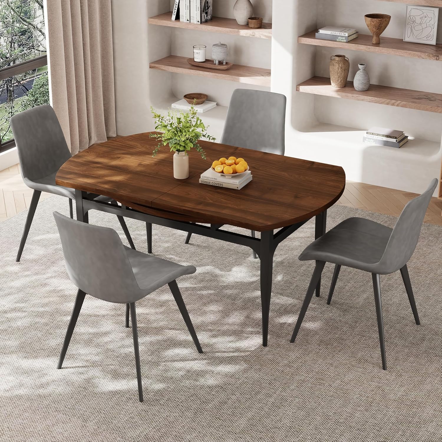Expandable Folding Dining Table Set, 55-Inch Round to Square Table with 6 Upholstered Chairs, Metal Frame, for Dining Room or Apartment (Round Table + 6 Brown Chairs)