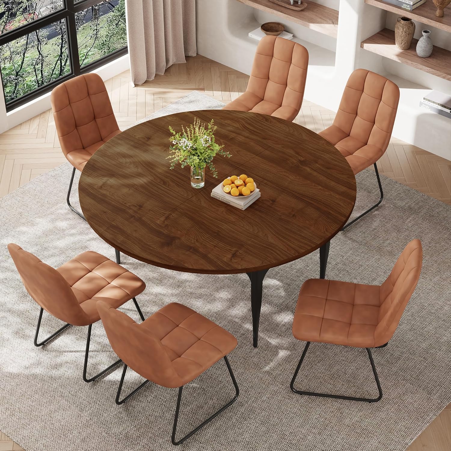 Expandable Folding Dining Table Set, 55-Inch Round to Square Table with 6 Upholstered Chairs, Metal Frame, for Dining Room or Apartment (Round Table + 6 Brown Chairs)