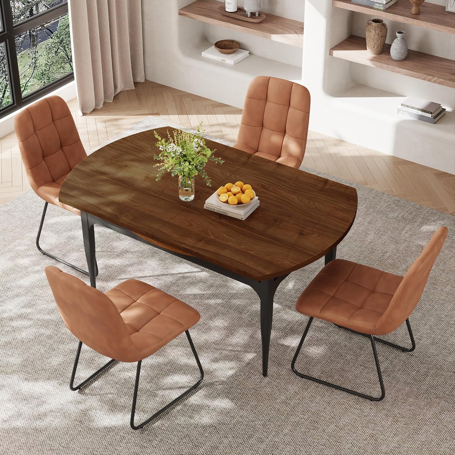 Expandable Folding Dining Table Set, 55-Inch Round to Square Table with 6 Upholstered Chairs, Metal Frame, for Dining Room or Apartment (Round Table + 6 Brown Chairs)